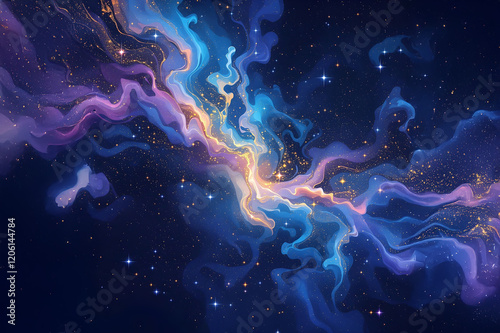 Deep blue space with the milky way, clouds and lightning