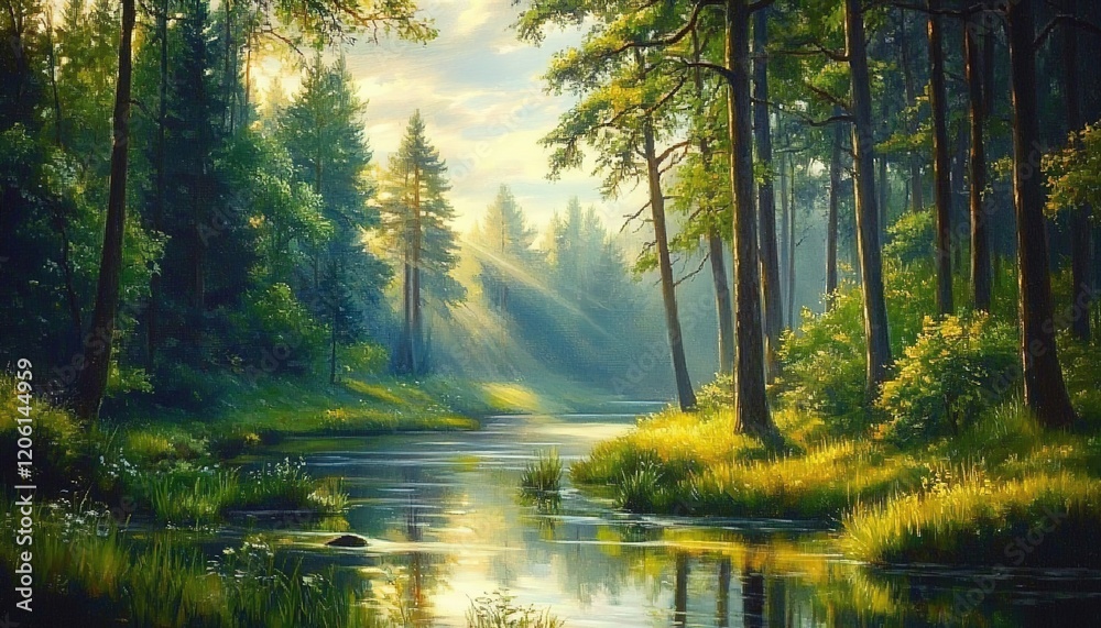 A beautiful forest with tall trees and lush green grass lines the riverbank. A beautiful forest with tall trees and lush green grass lines the riverbank.