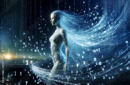 Chaos and harmony, Woman entirely made out of binary digits in a digital landscape 