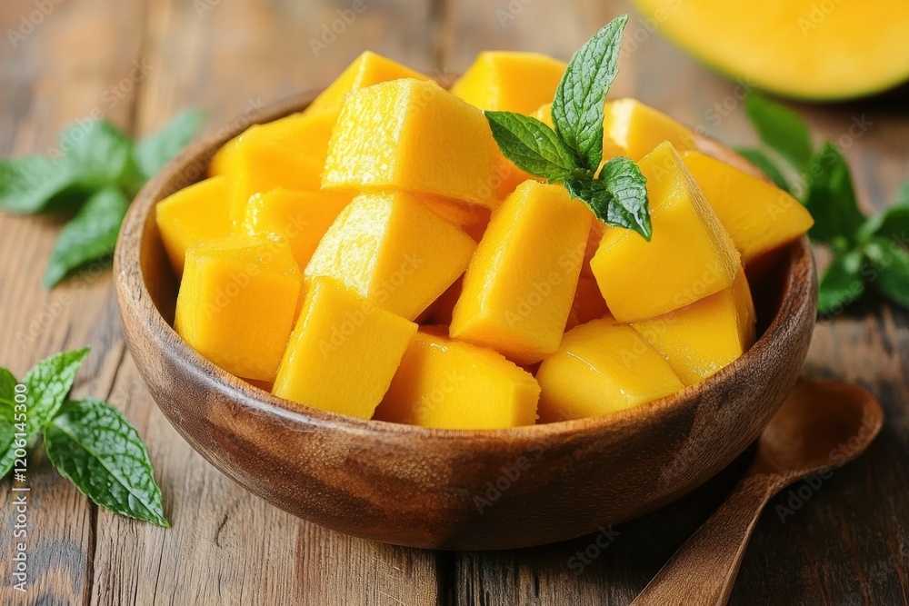 Fresh mango cubes served in a wooden bowl with mint leaves on a rustic table Fresh mango cubes served in a wooden bowl with mint leaves on a rustic table