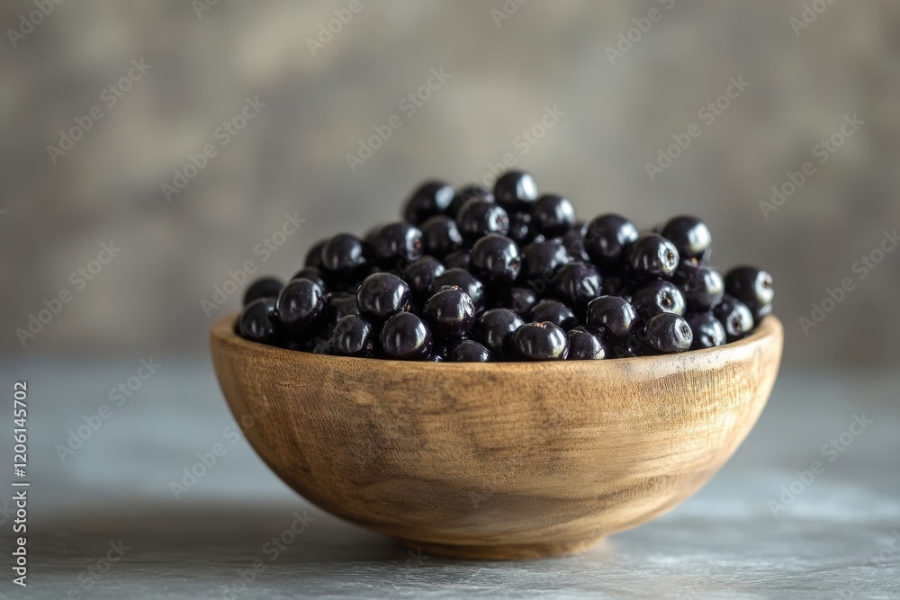 Freshly harvested blackberries in a wooden bowl on a textured gray background Freshly harvested blackberries in a wooden bowl on a textured gray background