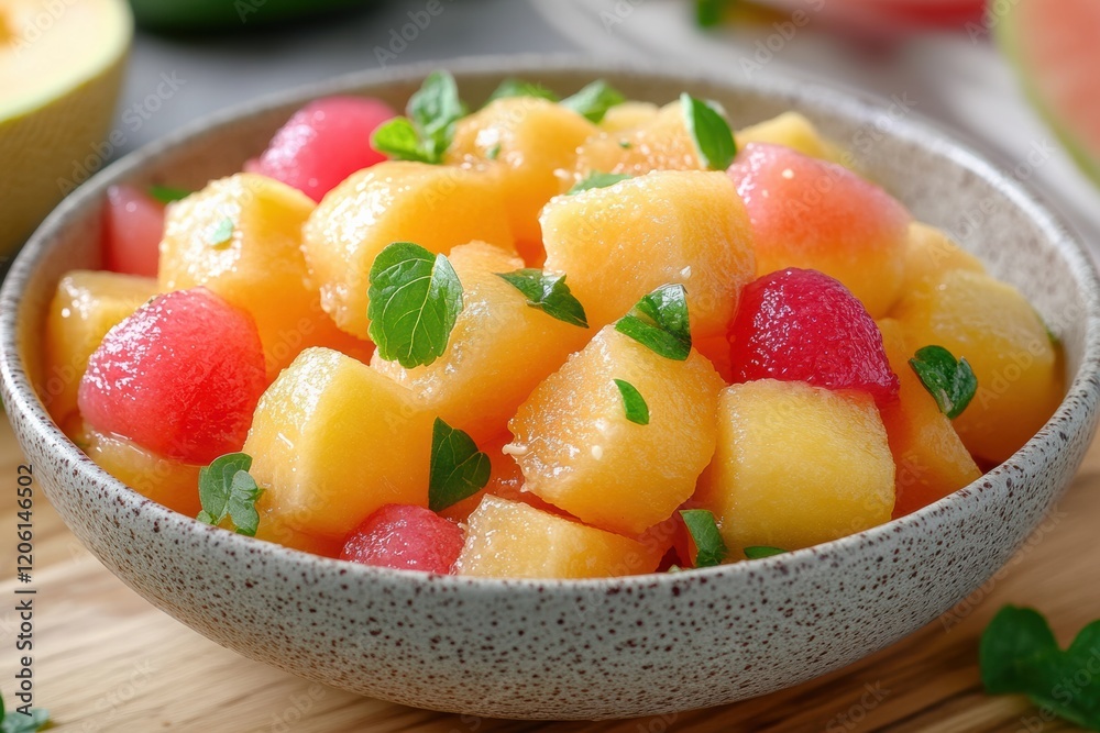 Fresh honeydew melon salad with watermelon and mint in a bowl on a wooden surface Fresh honeydew melon salad with watermelon and mint in a bowl on a wooden surface