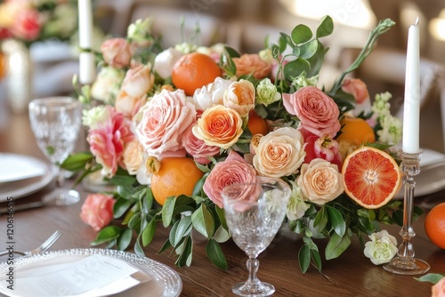 Beautiful floral arrangement with blood oranges at a spring dining table setting