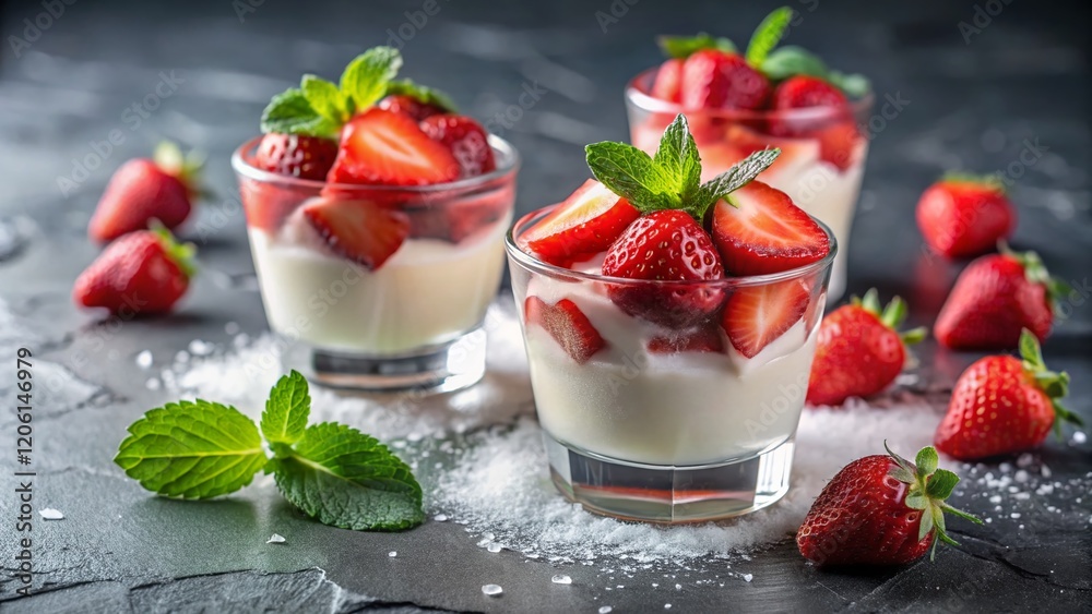 Macro Close-up of Creamy Dessert with Frozen Strawberry Cubes in Glass on Gray Macro Close-up of Creamy Dessert with Frozen Strawberry Cubes in Glass on Gray