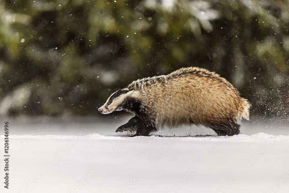 Obraz premium European badger (Meles meles) running in the snow in the snowfall