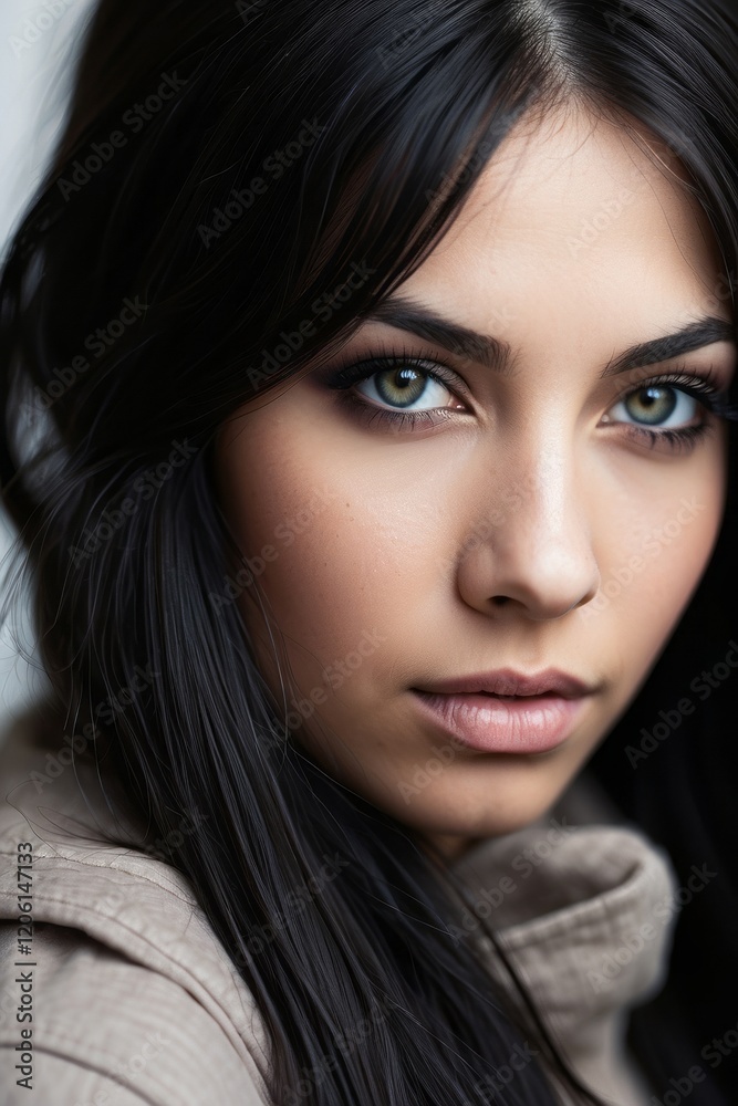 High-quality portrait of a young woman with dark hair and striking features. Professional beauty photography with soft, flattering lighting highlighting natural facial features. Perfect for fashion, b High-quality portrait of a young woman with dark hair and striking features. Professional beauty photography with soft, flattering lighting highlighting natural facial features. Perfect for fashion, b