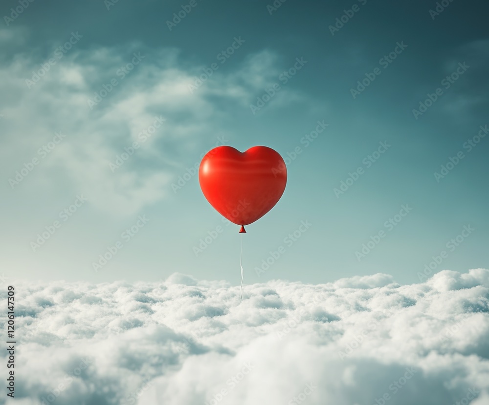 Fototapeta premium A red balloon floating in the sky, surrounded by white clouds, symbolizing freedom and joy.
