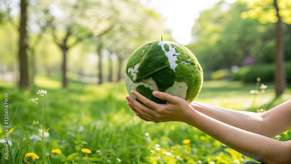Hands Holding Green Moss-Covered Globe with Vibrant Outdoor Background Symbolizing Sustainability and Nature Care
Hands Holding Green Moss-Covered Globe with Vibrant Outdoor Background Symbolizing Sustainability and Nature Care