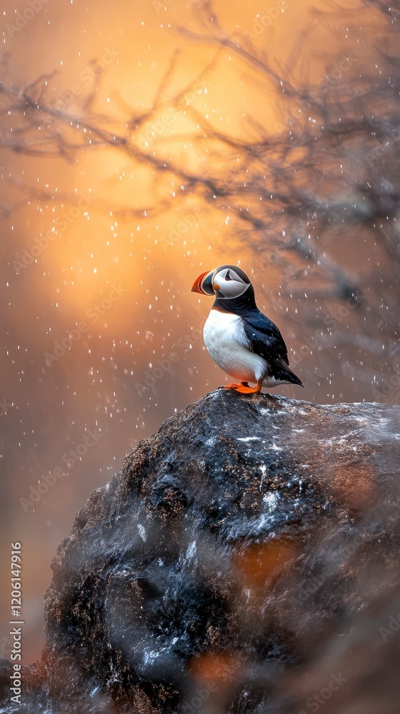 Obraz premium A puffin perched on a rocky surface, surrounded by a soft, dreamy atmosphere filled with warm colors and falling snowflakes.