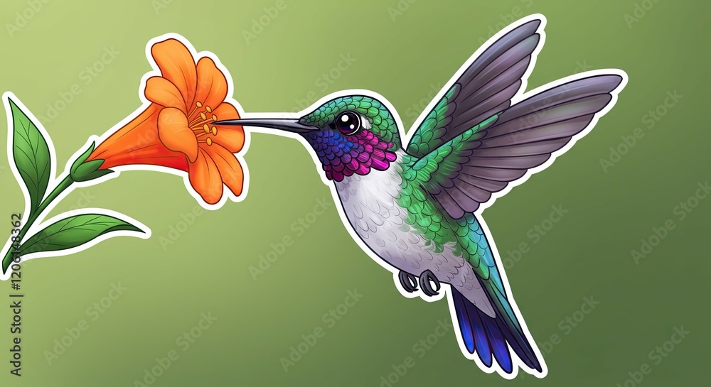 Fototapeta premium A cute sticker of a hummingbird with shimmering feathers, happily drinking nectar from a vibrant flower.