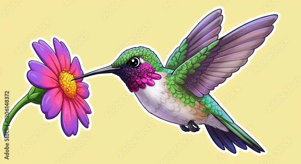Fototapeta premium A sticker of a joyful hummingbird with glowing feathers, drinking nectar from a blooming flower.