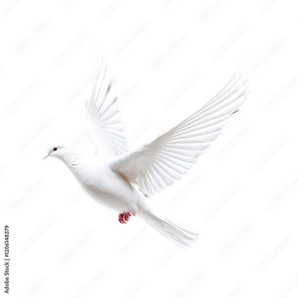 Fototapeta premium A minimalistic, stylized white dove flying upward with soft, flowing wings, on a transparent background