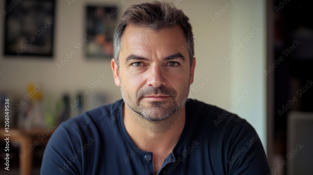 Man with short gray hair sits thoughtfully in a cozy indoor space while dressed in a casual blue shirt Man with short gray hair sits thoughtfully in a cozy indoor space while dressed in a casual blue shirt
