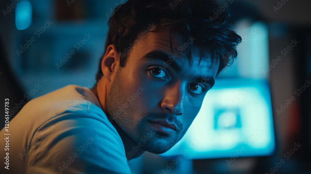 Young man with dark hair focused on computer screen in dimly lit room during evening hours Young man with dark hair focused on computer screen in dimly lit room during evening hours