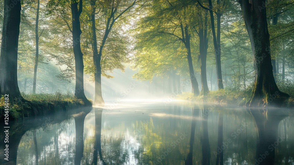 Obraz premium Misty morning sunlight illuminates a tranquil forest reflecting on a calm river.