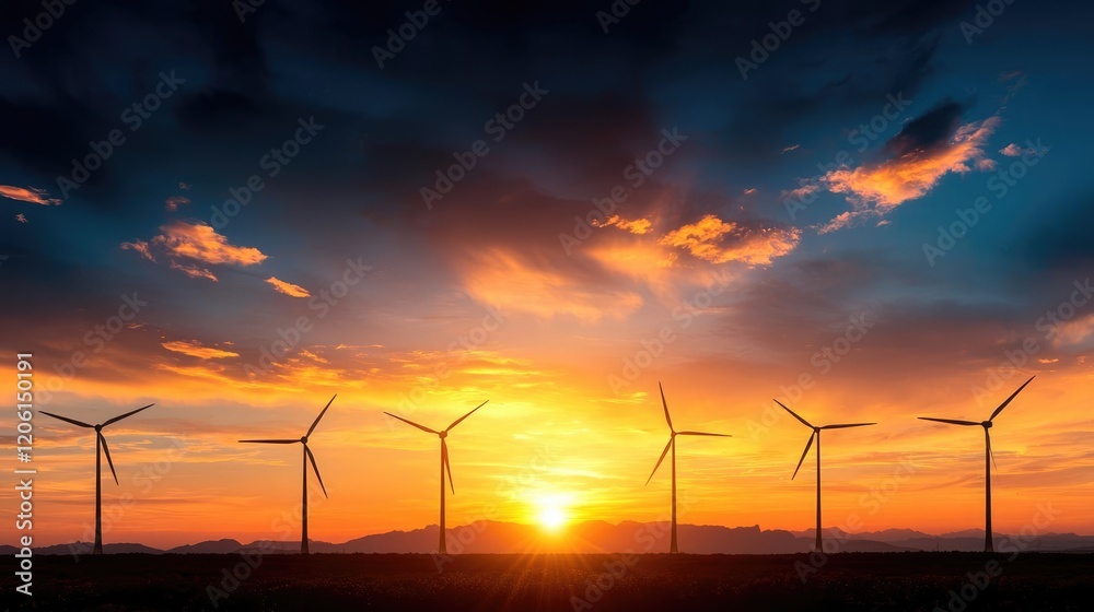 Sunset over wind turbines, energy production, rural landscape, renewable energy Sunset over wind turbines, energy production, rural landscape, renewable energy
