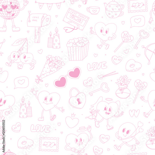 Valentine's day pink monochrome seamless pattern with doodles for wallpaper, gift wrap, textile prints, backgrounds, digital paper, scrapbooking, stationery, etc. EPS 10