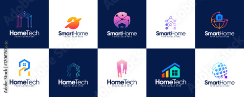 collection of smart home logos, with abstract style, network connection, security, design graphic illustration.
