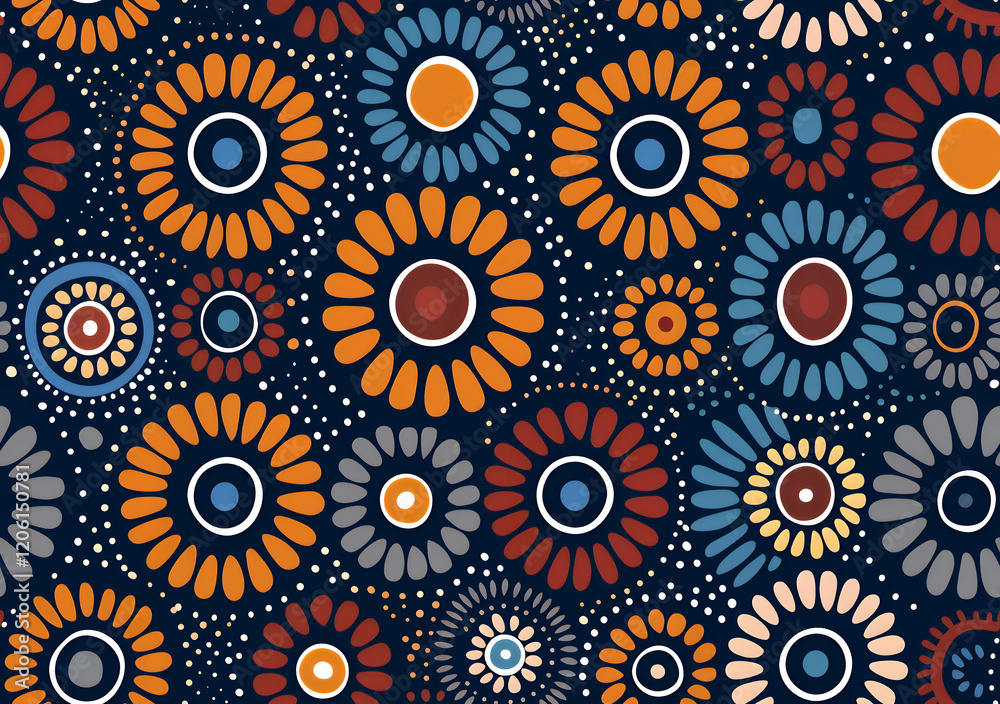 Vibrant African seamless pattern with floral circular motifs in orange, blue, red and cream hues Vibrant African seamless pattern with floral circular motifs in orange, blue, red and cream hues