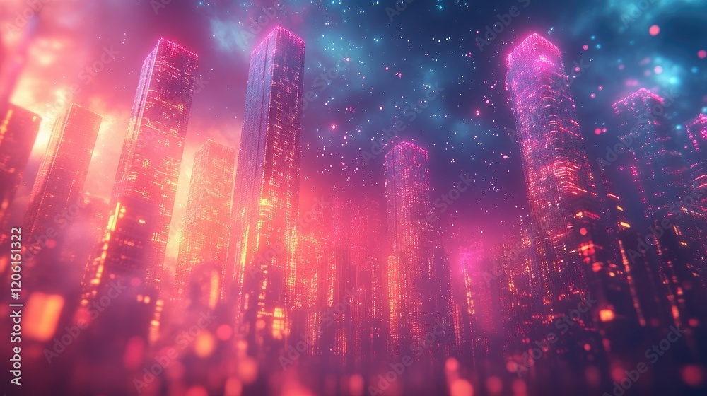 Obraz premium A vibrant, futuristic cityscape illuminated by neon lights and surrounded by a starry sky.