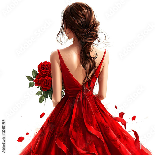 A woman in a striking red dress, embellished with roses, stands gracefully, showcasing a blend of elegance and floral charm.