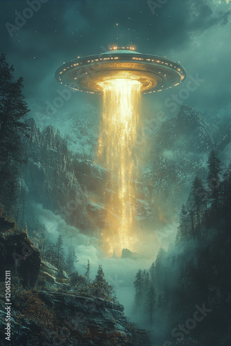 Golden Beam From Spaceship Over Mountainous Forest