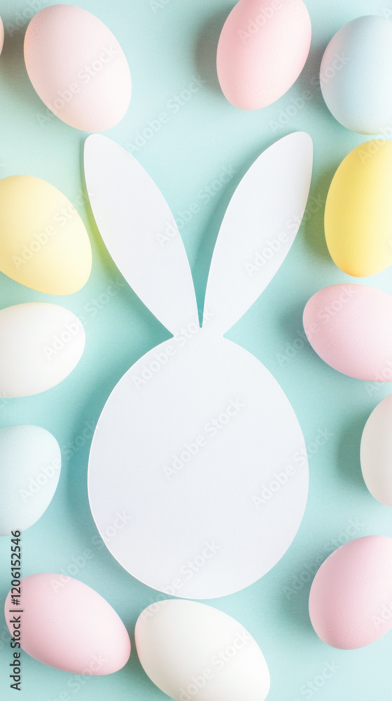 Paper mockup card in shape of Easter egg with bunny ears surrounded by Easter eggs on pastel green background. Top view, flat lay. Easter card mockup Paper mockup card in shape of Easter egg with bunny ears surrounded by Easter eggs on pastel green background. Top view, flat lay. Easter card mockup