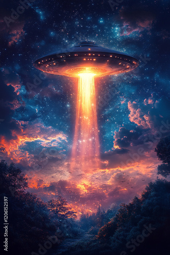 UFO descends over forest at twilight under starry night