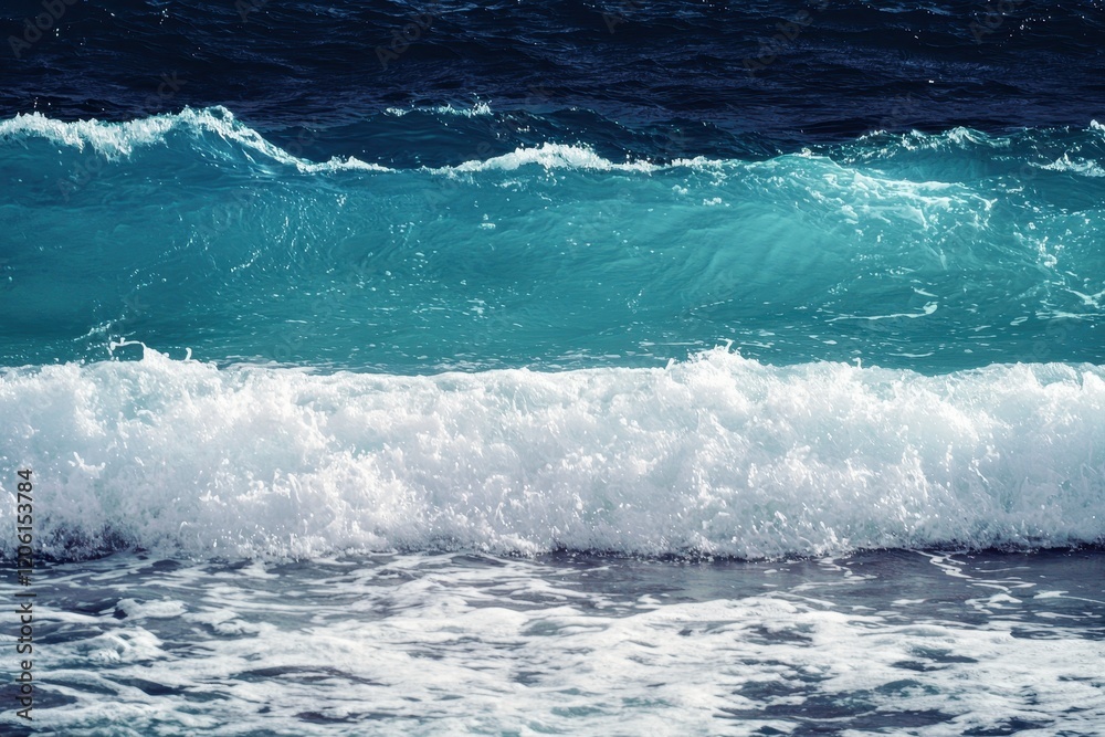 Fototapeta premium Ocean Waves Gradient: Waves crashing onto the shore with colors transitioning from deep navy blue to turquoise and white foam