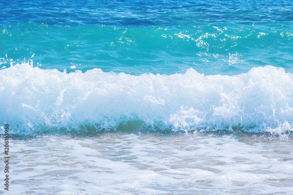 Fototapeta premium Ocean Waves Gradient: Waves crashing onto the shore with colors transitioning from deep navy blue to turquoise and white foam