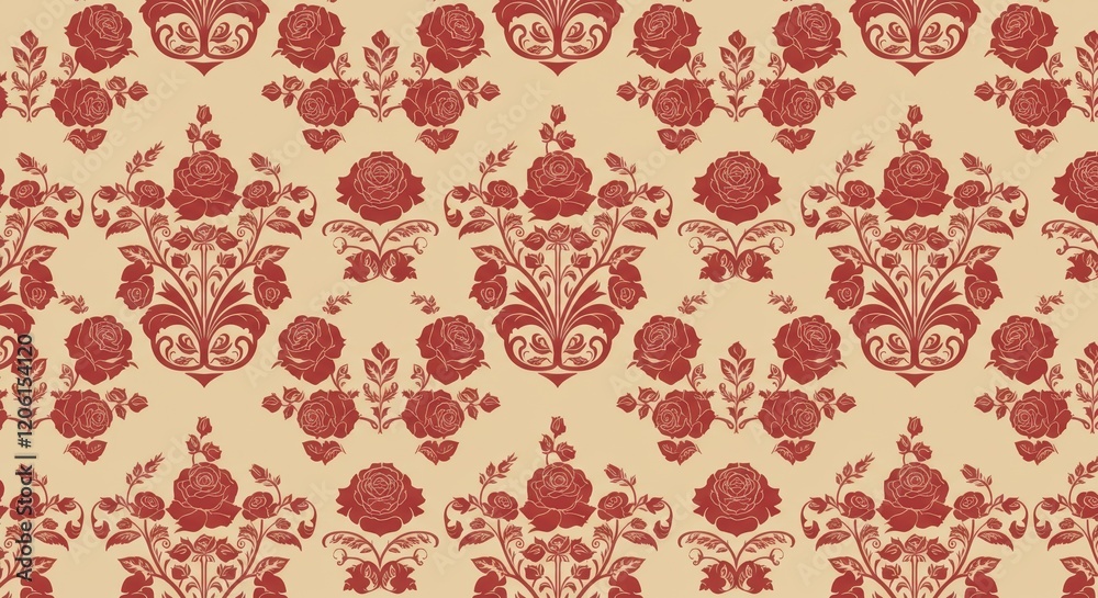 Repeating Floral Heart Design with Intricate Vines and Blooming Roses in Deep Red on Beige Repeating Floral Heart Design with Intricate Vines and Blooming Roses in Deep Red on Beige
