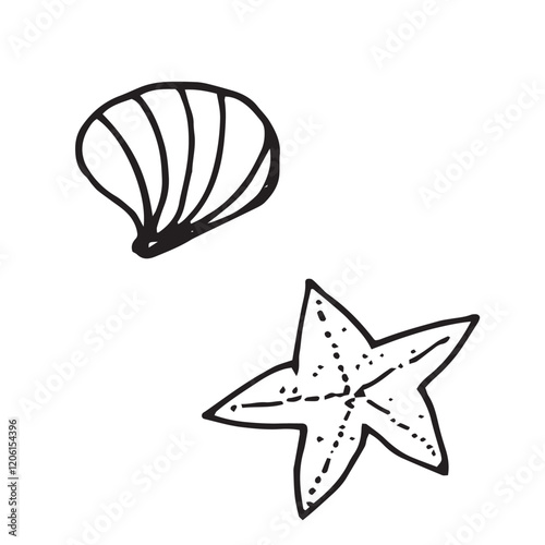 starfish and oyster shell sea ocean black and white vector doodle illustration set isolated on white background base for textile typography postcard design