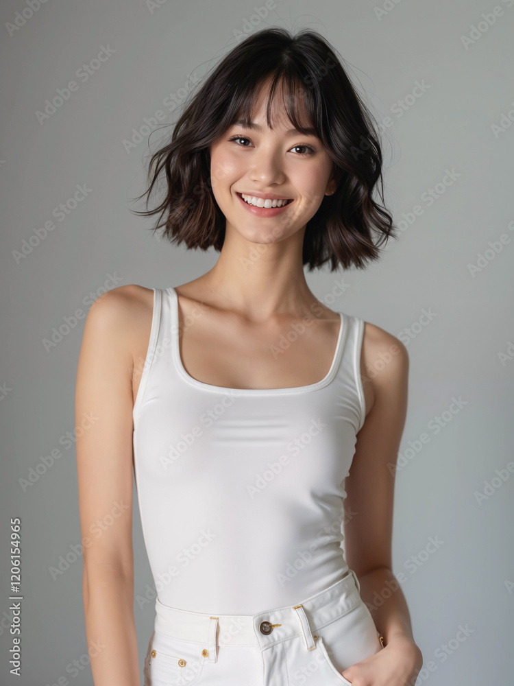 Fashionable Asian Female in White Tank Top, Front View Fashionable Asian Female in White Tank Top, Front View