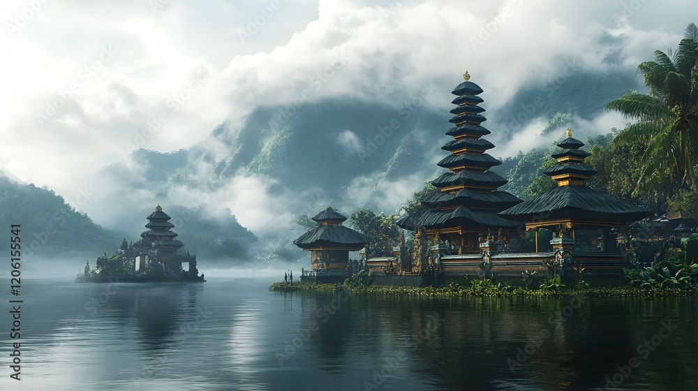 Majestic Balinese Temples on Calm Lake Mist Shrouded Mountains Majestic Balinese Temples on Calm Lake Mist Shrouded Mountains