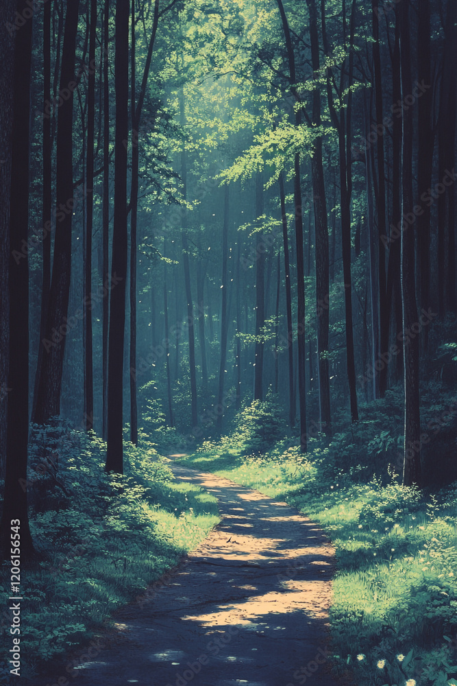 Fototapeta premium Sunlit Path Through A Lush Green Forest