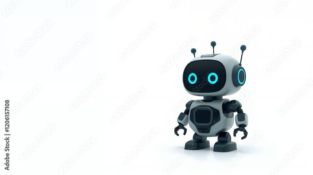A small, gray cartoon robot stands against a white background A small, gray cartoon robot stands against a white background