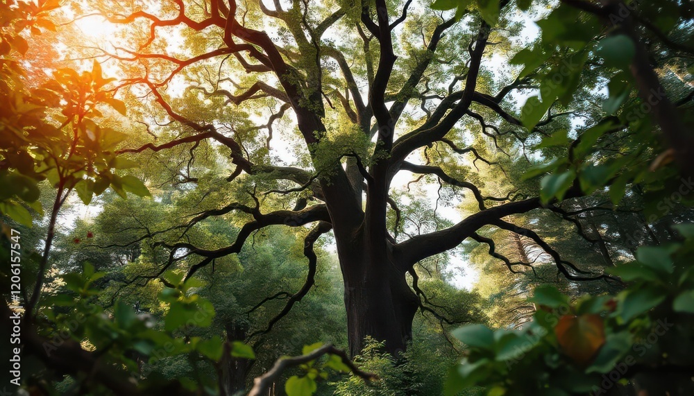 Fototapeta premium Majestic oak tree in lush forest nature photography vibrant green environment captivating perspective