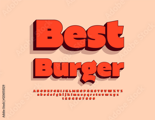 Vector Promo banner Best Burger. 3D Bright Font. Isometric Modern style Alphabet Letters and Numbers set.