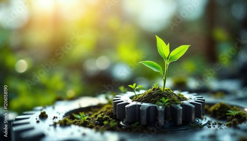 A small plant sprouting from a gear, symbolizing eco-technology and industrial growth. Metallic cogs,and shallow depth of field represent green innovation and sustainability photo