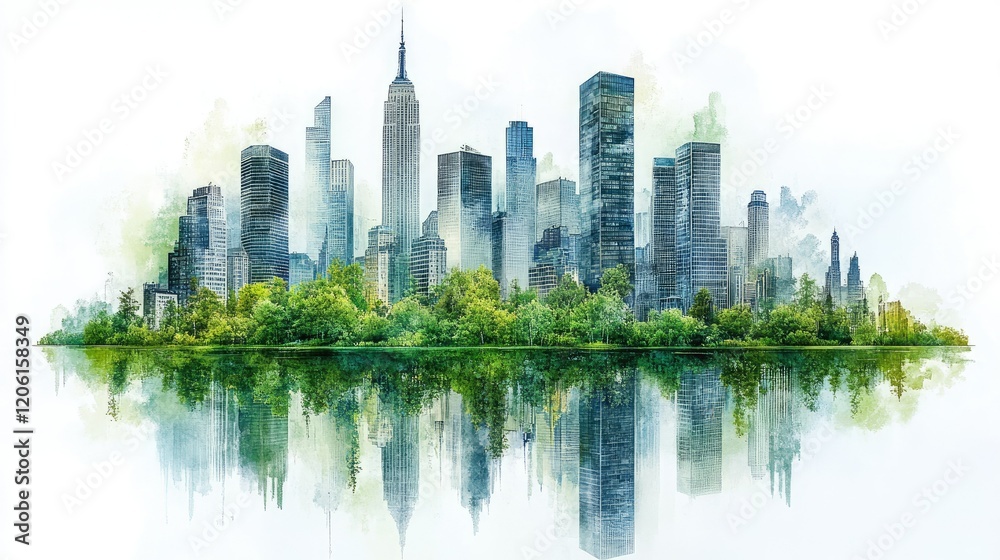 Fototapeta premium A watercolor depiction of a city skyline with greenery and reflections in water.