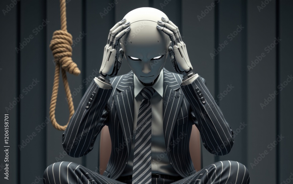 Obraz premium A surreal image of a humanoid robot in a business suit, its head cradled in its hands, with a noose hanging overhead