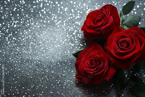 Elegant Red Roses on Sparkling Silver Background Romantic Valentine Luxury Floral Festive Beautiful Dark Red Roses Closeup Photography Premium Image love life  