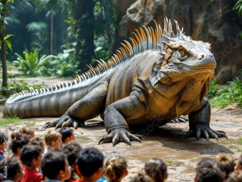 Children Observing a Large Iguana in a Zoo