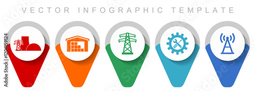 Energy and industry pointer collection, miscellaneous icons such as warehouse, powerline, power plant, service and antenna, flat design vector infographic template in eps 10