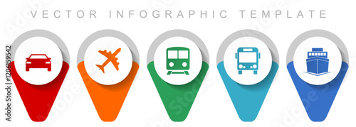 Transport and vehicles pointer collection, miscellaneous icons such as airplane, train, car, bus and ship, flat design vector infographic template in eps 10