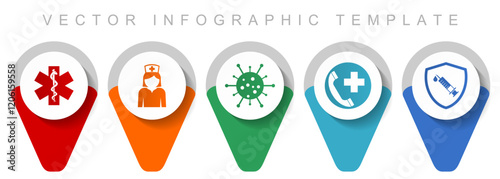 Healthcare and medical pointer collection, miscellaneous icons such as virus, emergency, nurse, help call amd vaccine, flat design vector infographic template in eps 10