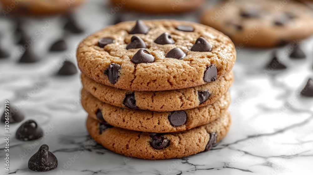 Freshly baked chocolate chip cookies stacked perfectly on parchment paper in a warm kitchen environment Freshly baked chocolate chip cookies stacked perfectly on parchment paper in a warm kitchen environment