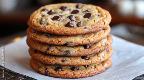 Freshly baked chocolate chip cookies stacked perfectly on parchment paper in a warm kitchen environment
