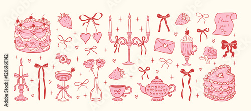 Set of hand drawn coquette elements for Valentines day, wedding invitation, birthday card. Cute girly bows, hearts, ribbons, cherry, cake, heart frame, strawberry. Vintage elegant vector illustration.