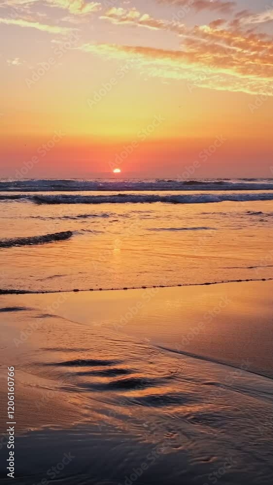 Atlantic ocean sunset with surging waves at Fonte da Telha beach, Costa da Caparica, Portugal